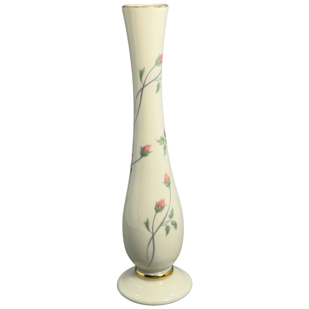 Lenox Bud Vase Rose Manor Pink Ivory 7.5" Gold Trim Rose USA Shabby Chic Flowers